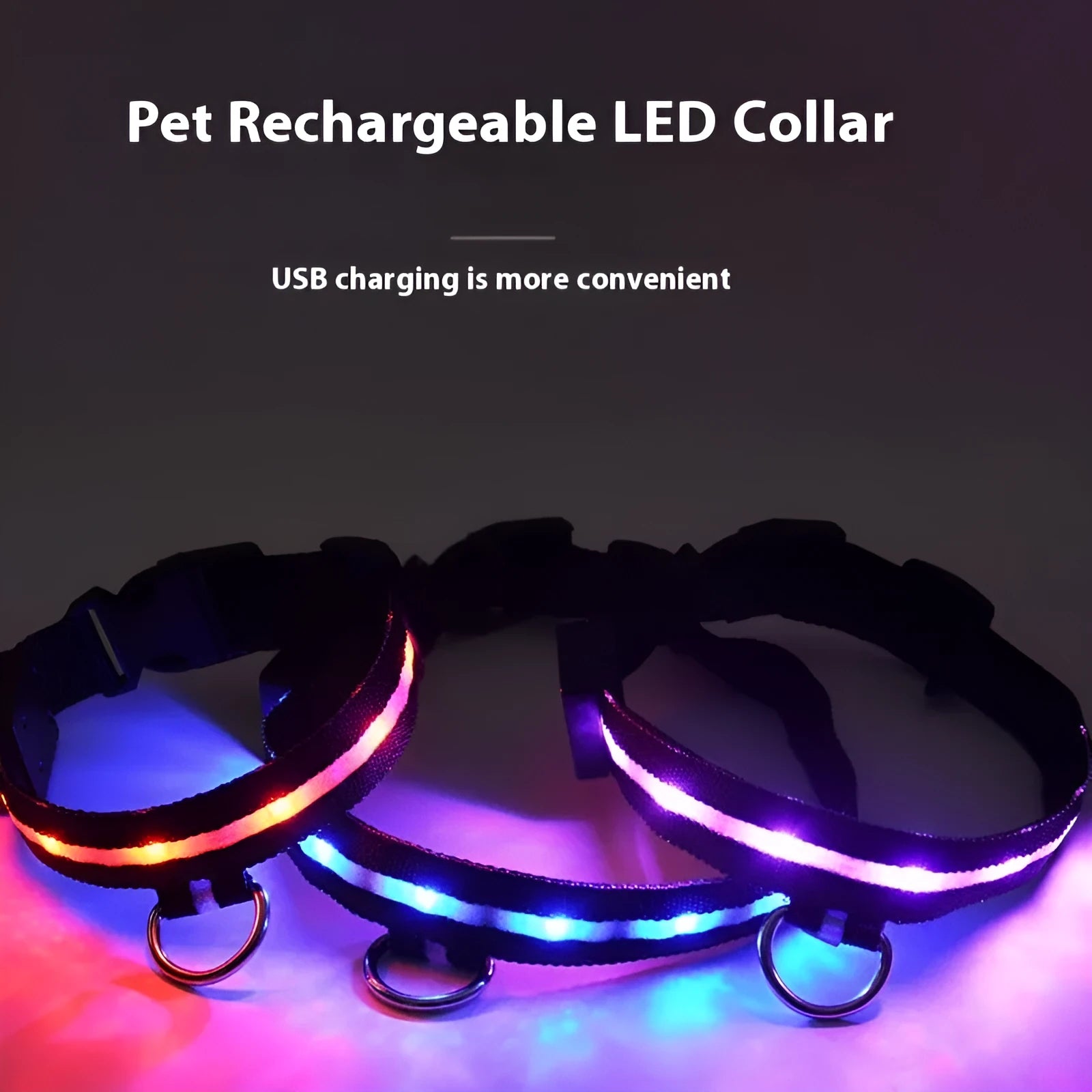 Black LED luminous dog collar and matching rope lead set for nighttime walking safety.