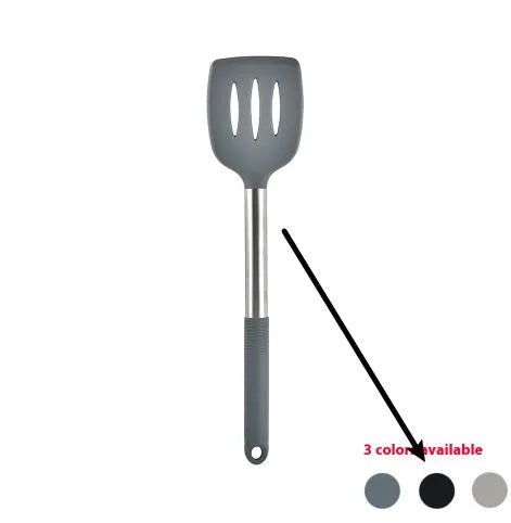 12-piece black silicone kitchen utensil set including spatula, spoon, and claw tools in a rotating storage bucket on a kitchen counter.