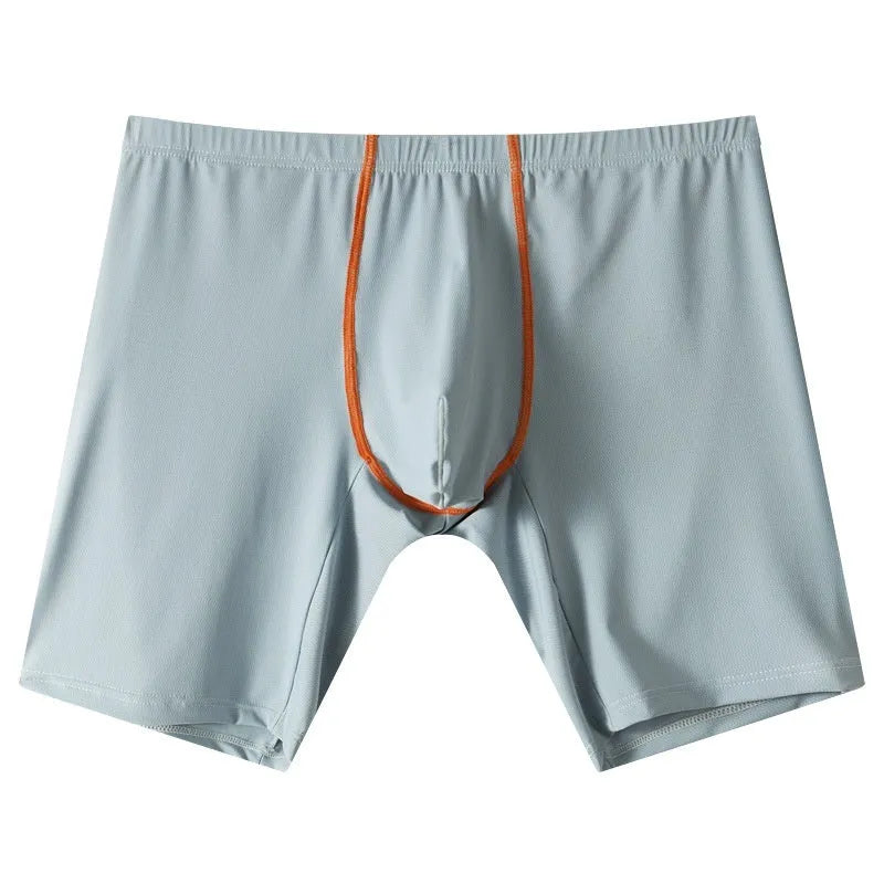 Men's ice silk nylon boxers with U convex pouch in mid-waist fit, shown in light green.