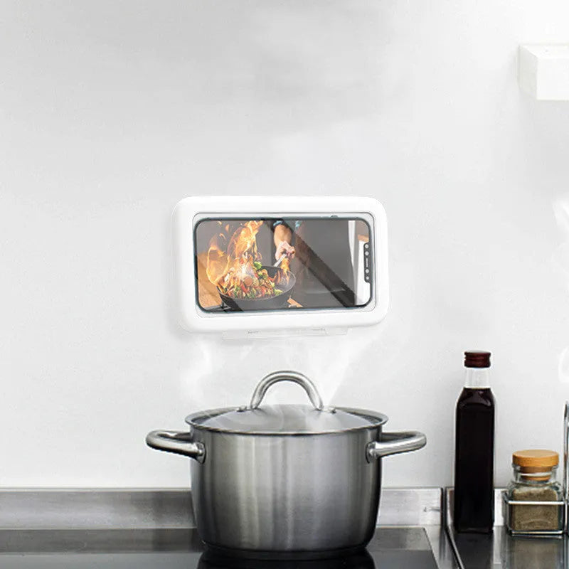 White waterproof phone holder mounted on bathroom tile showing phone inside with clear screen visibility