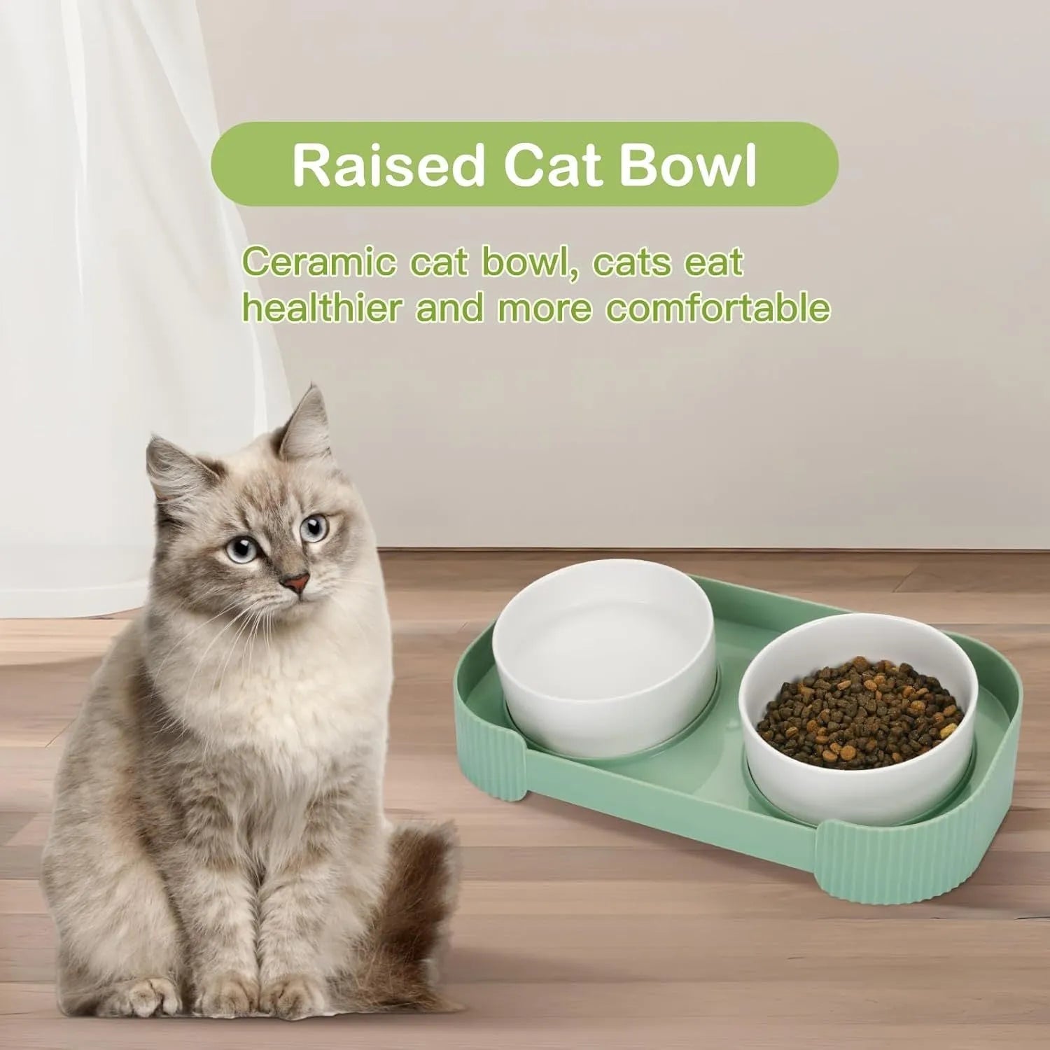 Green ceramic raised cat bowl set with two bowls on a 15° tilted stand and non-slip base.
