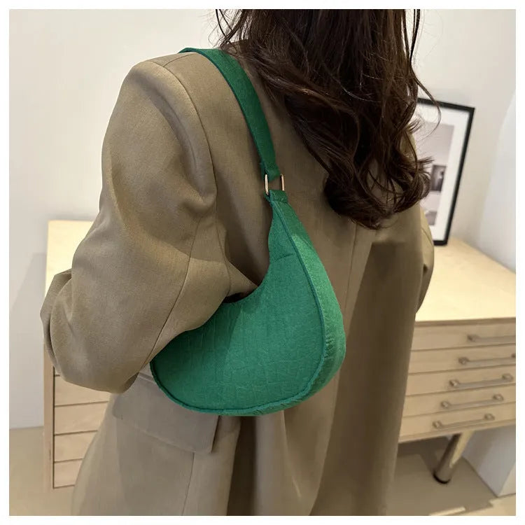 Casual felt shoulder handbag in orange red, rose red, black, brown, khaki, or green with polyester lining
