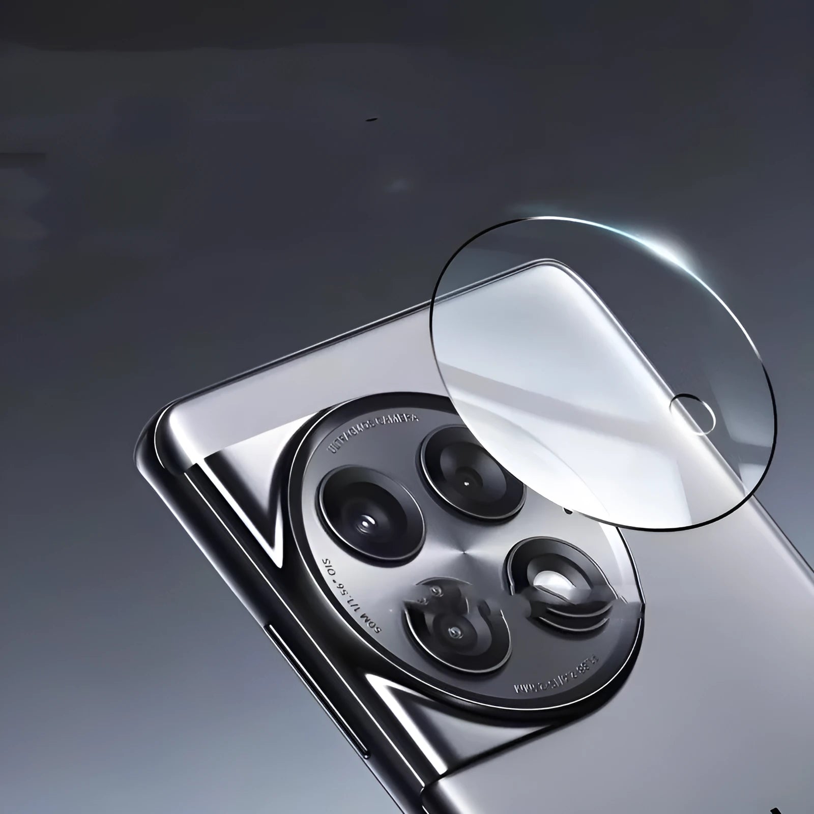 Large arc HD tempered glass lens protector with black alignment ring for OnePlus phones.