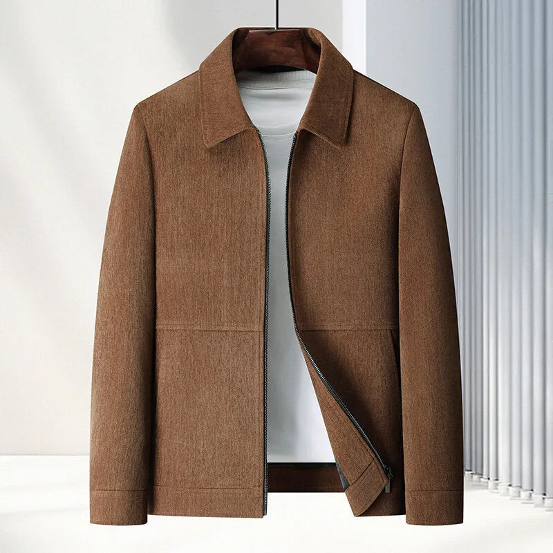 Men's slim fit lapel casual coat in dark blue, showcasing the shirt-style collar and front button closure.