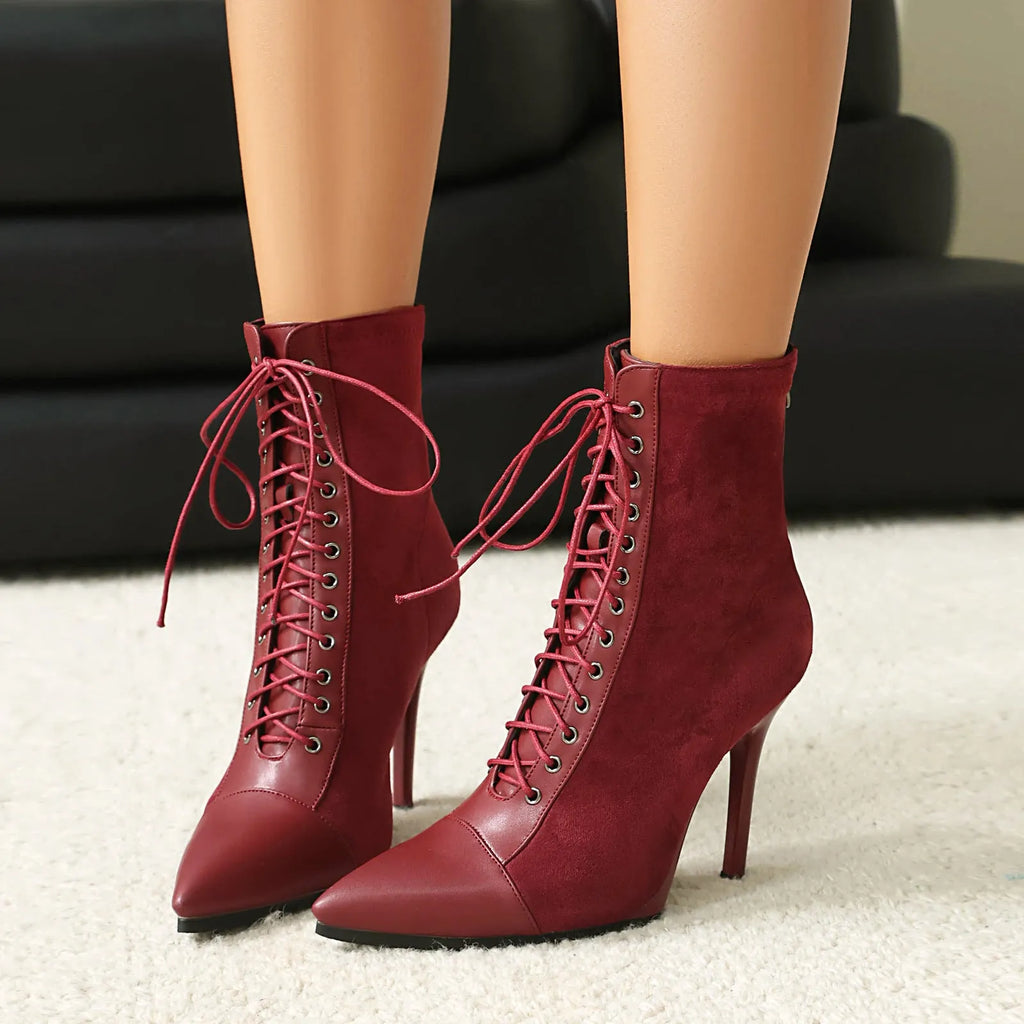 Women's suede pointed toe ankle boots with stiletto heel, back zipper, drawstring patchwork, in black brown or wine red