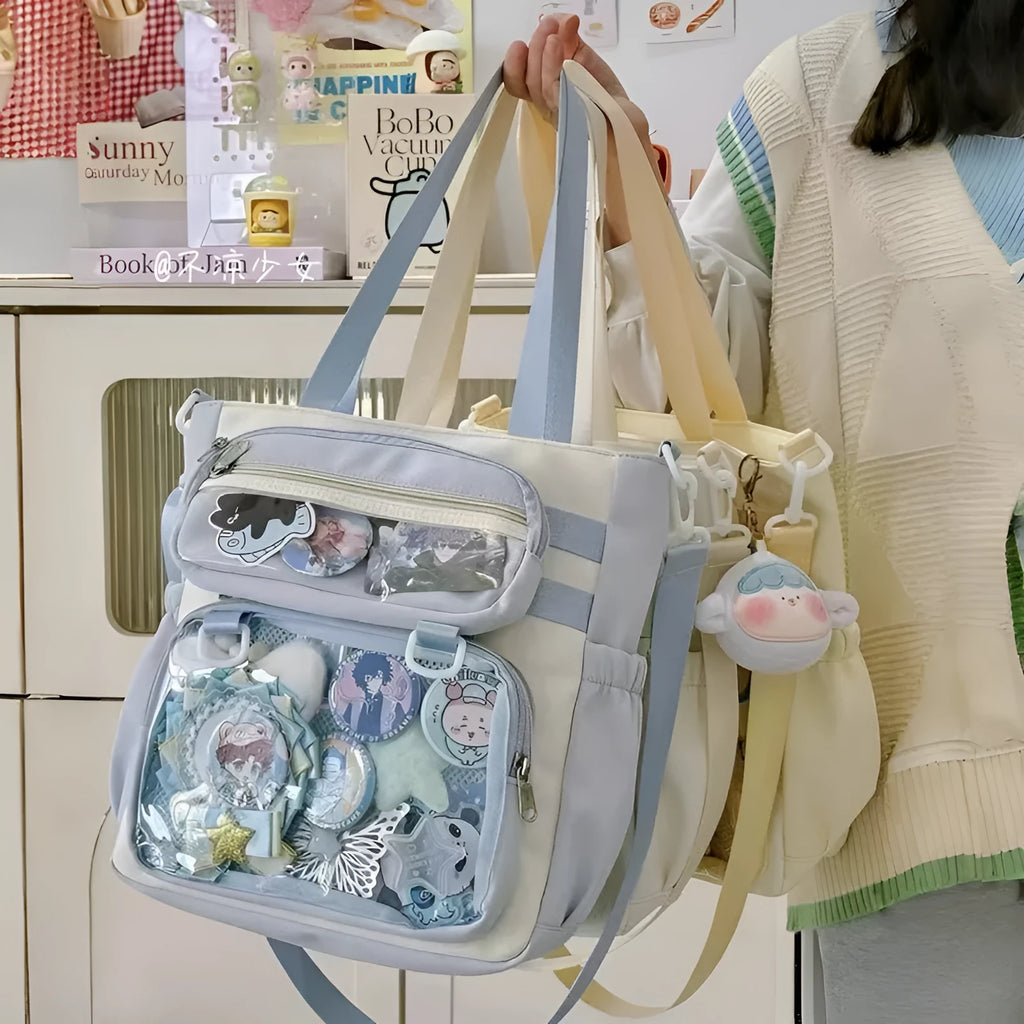 Large capacity Oxford cloth tote bag for women in light blue with sandwich pocket and shoulder strap