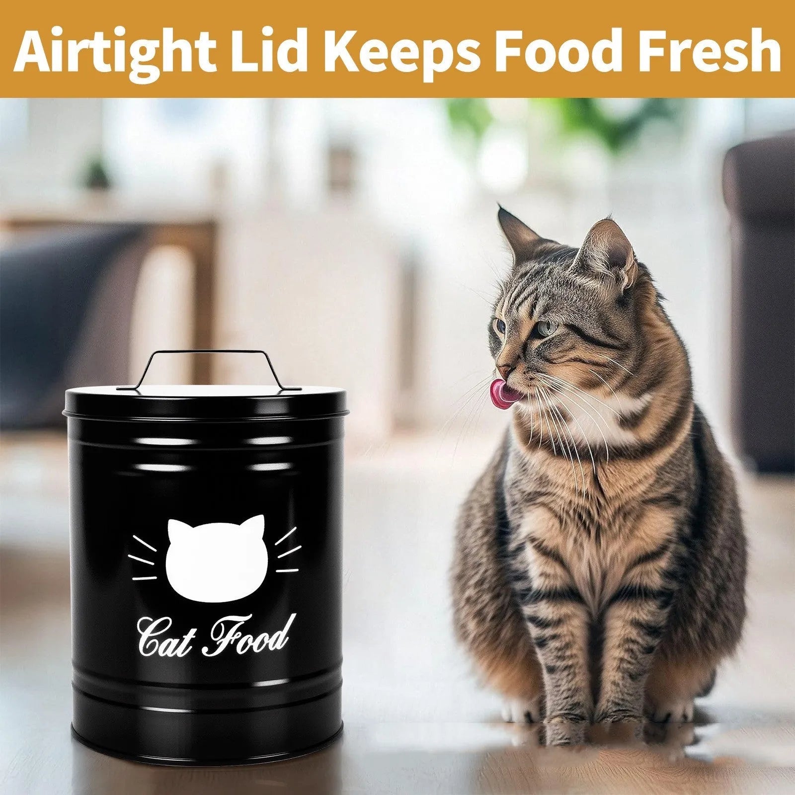Round black iron sheet storage canister with lid on a kitchen shelf next to a white version.