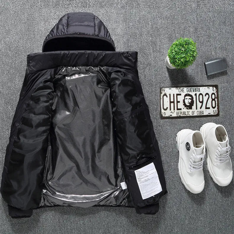 Black USB heated jacket with removable hood on a model showing front view and elastic cuffs