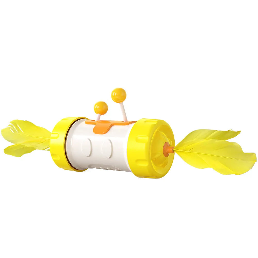 Interactive cat stick toy with blue feather ball and wobbly yellow tumbler base on a carpet.