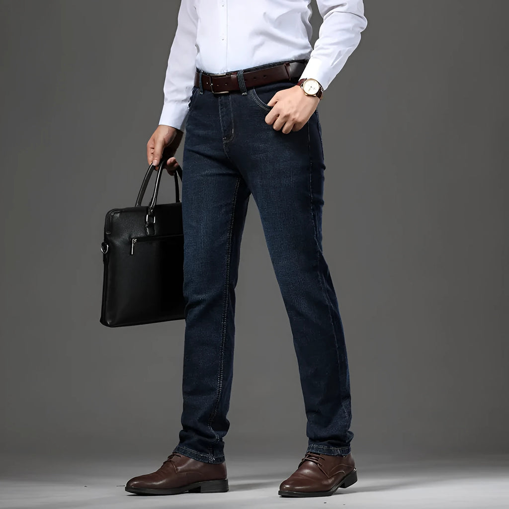 Stretch jeans in black or blue with straight-leg business casual styling for autumn winter wear