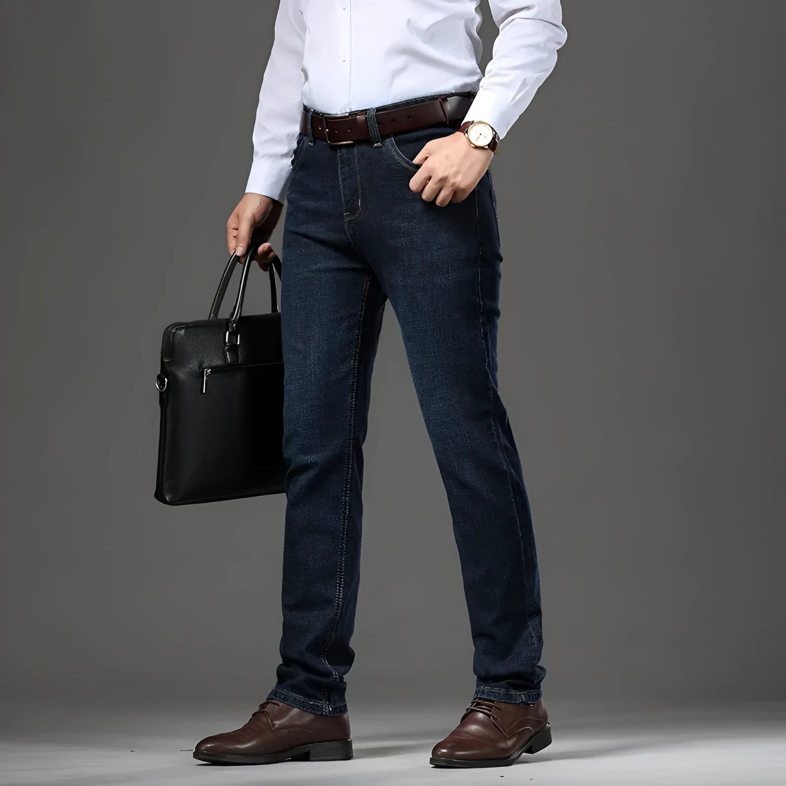 Stretch jeans in black or blue with straight-leg business casual styling for autumn winter wear