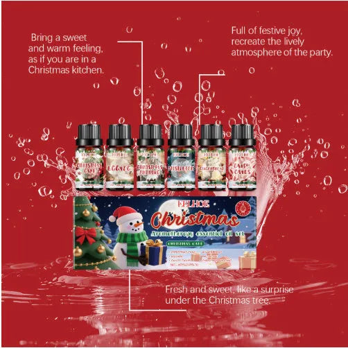 Set of six glass bottles of Christmas-themed aromatherapy oil, each containing 60ml of scented liquid.
