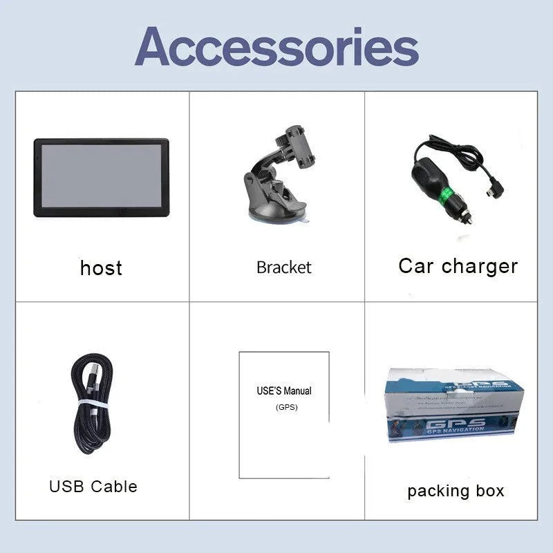 7-inch portable car GPS navigation device on a dashboard with mounting bracket and car charger.