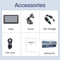 7-inch portable car GPS navigation device on a dashboard with mounting bracket and car charger.