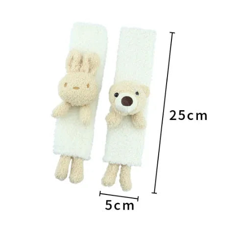 Cartoon plush car seat belt shoulder protector in lamb wool, showing Rabbit and Bear design options.