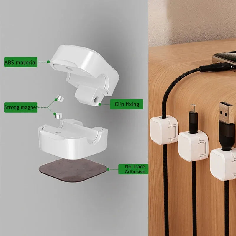 Magnetic cable clip under desk cable management organizer in black or white with adhesive backing