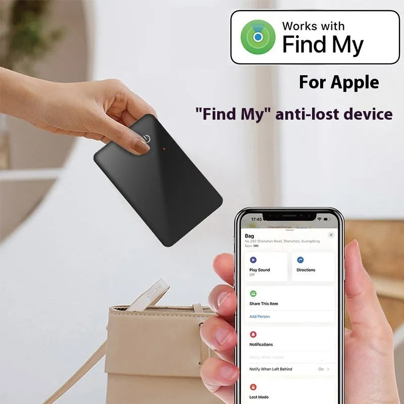 Black NFC pet tracking card with wireless charging, showing hanging hole and slim 2.1mm profile.
