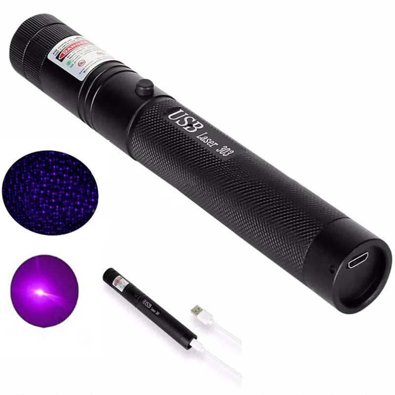 USB rechargeable laser torch in black anodised aluminium, showing touch switch and focusing ring