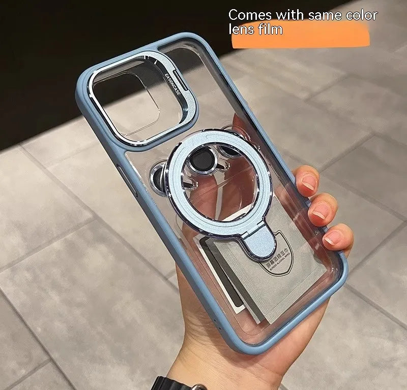 Black magnetic silicone phone case with lens cover bracket for iPhone showing invisible bracket propped up
