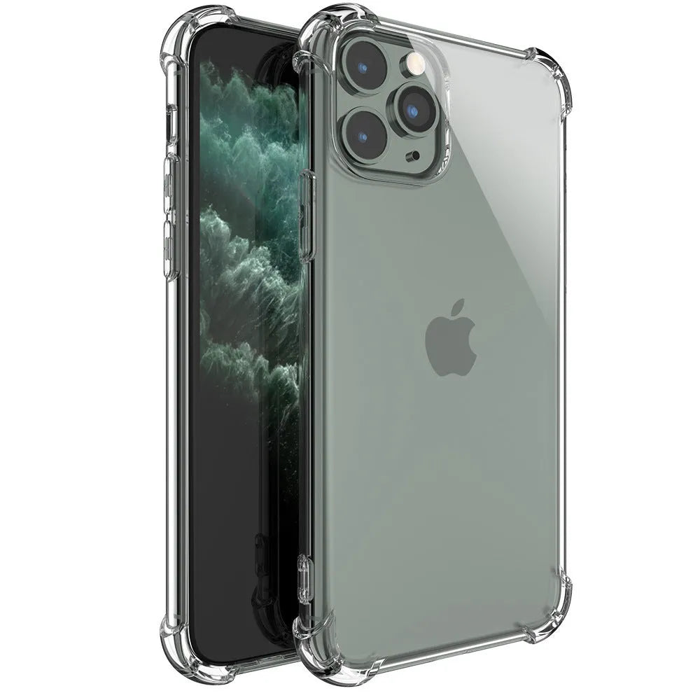 Clear transparent TPU shockproof phone case for Apple iPhone models on a white background.
