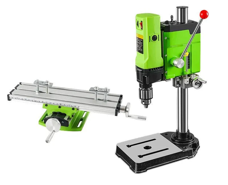 240W bench drill and milling machine on a workbench with heavy-duty steel clamping pliers.