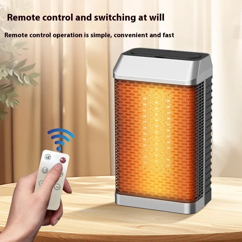 Black smart desktop heater with remote control on a wooden desk, showing digital display and shaking head louvres.
