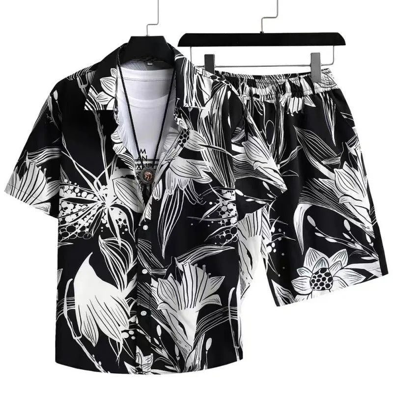 Men's short sleeve cardigan and matching shorts set with a digital pattern, shown in colour Suit 52.
