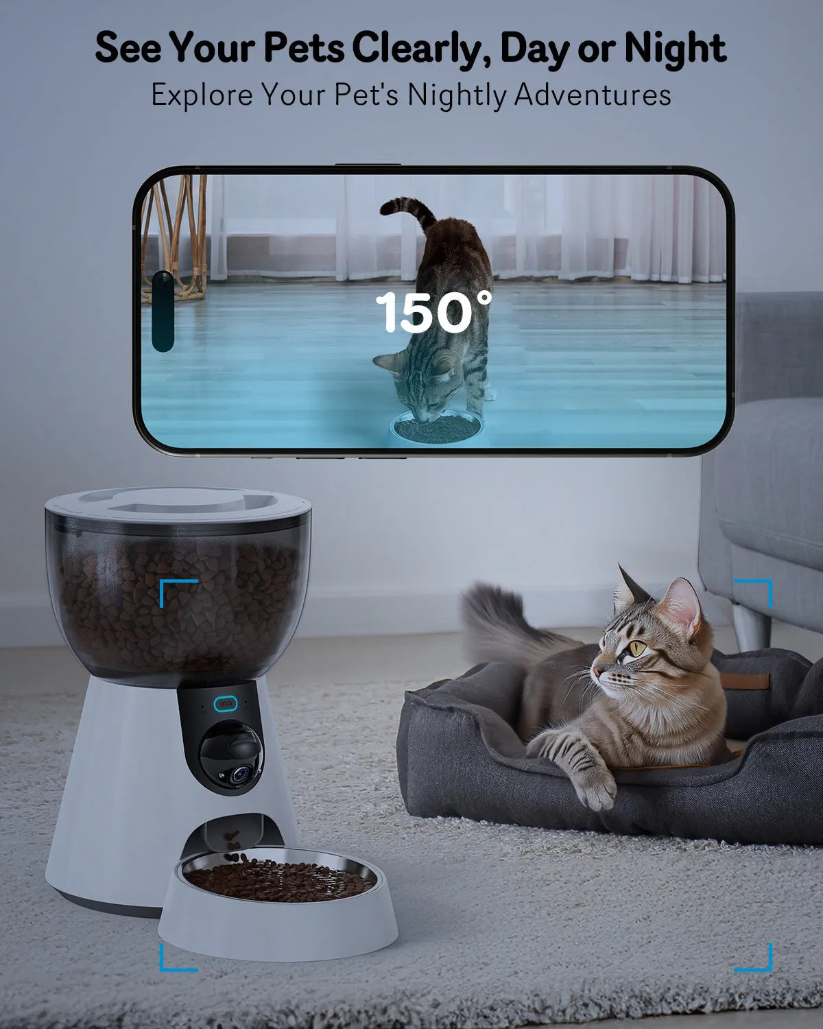 Automatic cat feeder with built-in camera showing 4L food tank and control panel