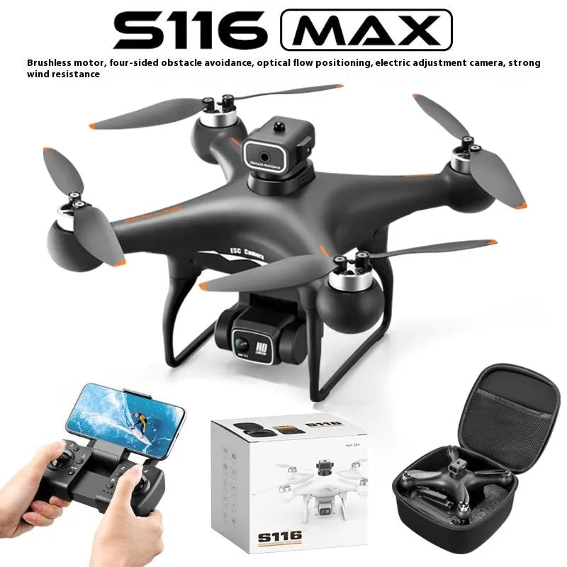 Black HD brushless UAV quadcopter with four-side obstacle avoidance and dual camera, under 30cm in size.