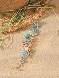 Women's alloy nautical bracelet with boat anchor, shell, and starfish charms in turquoise, red, or blue.