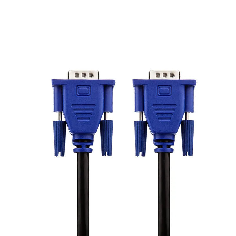 Black VGA cable with blue connector heads, 1.5 metre length for computer to monitor video connection