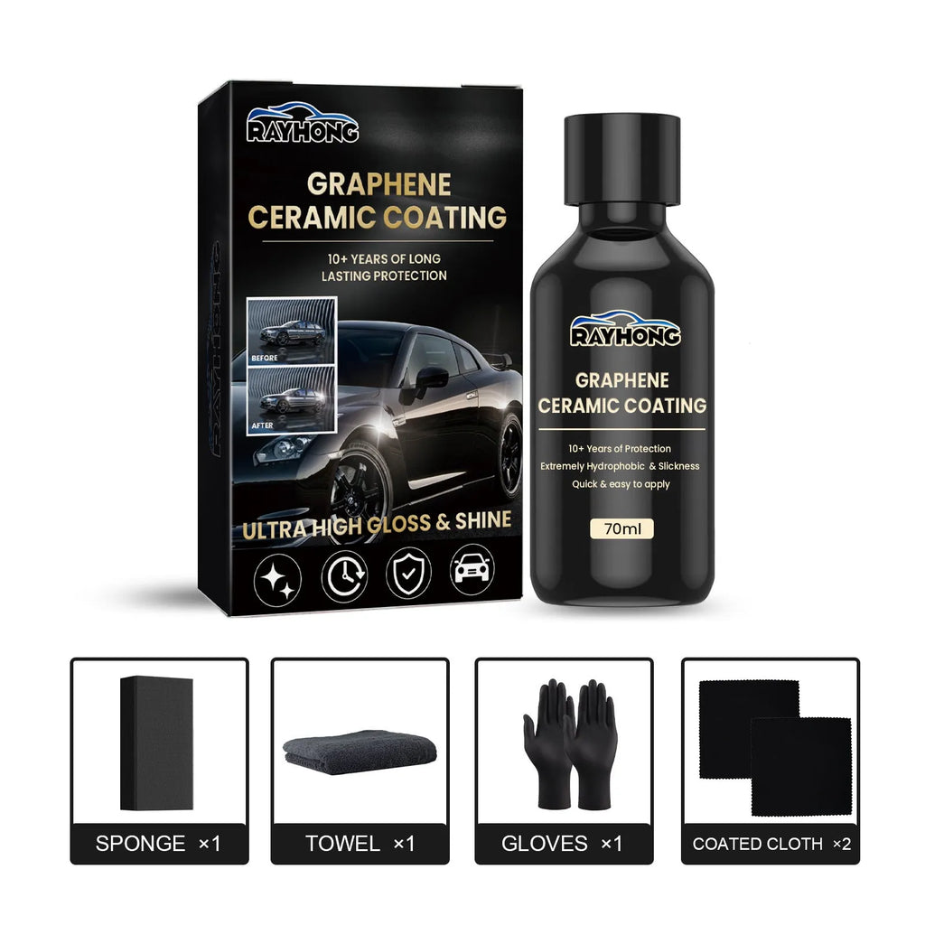 70ml bottle of automotive graphene ceramic coating with sponge, towel, gloves, and cloths laid out.