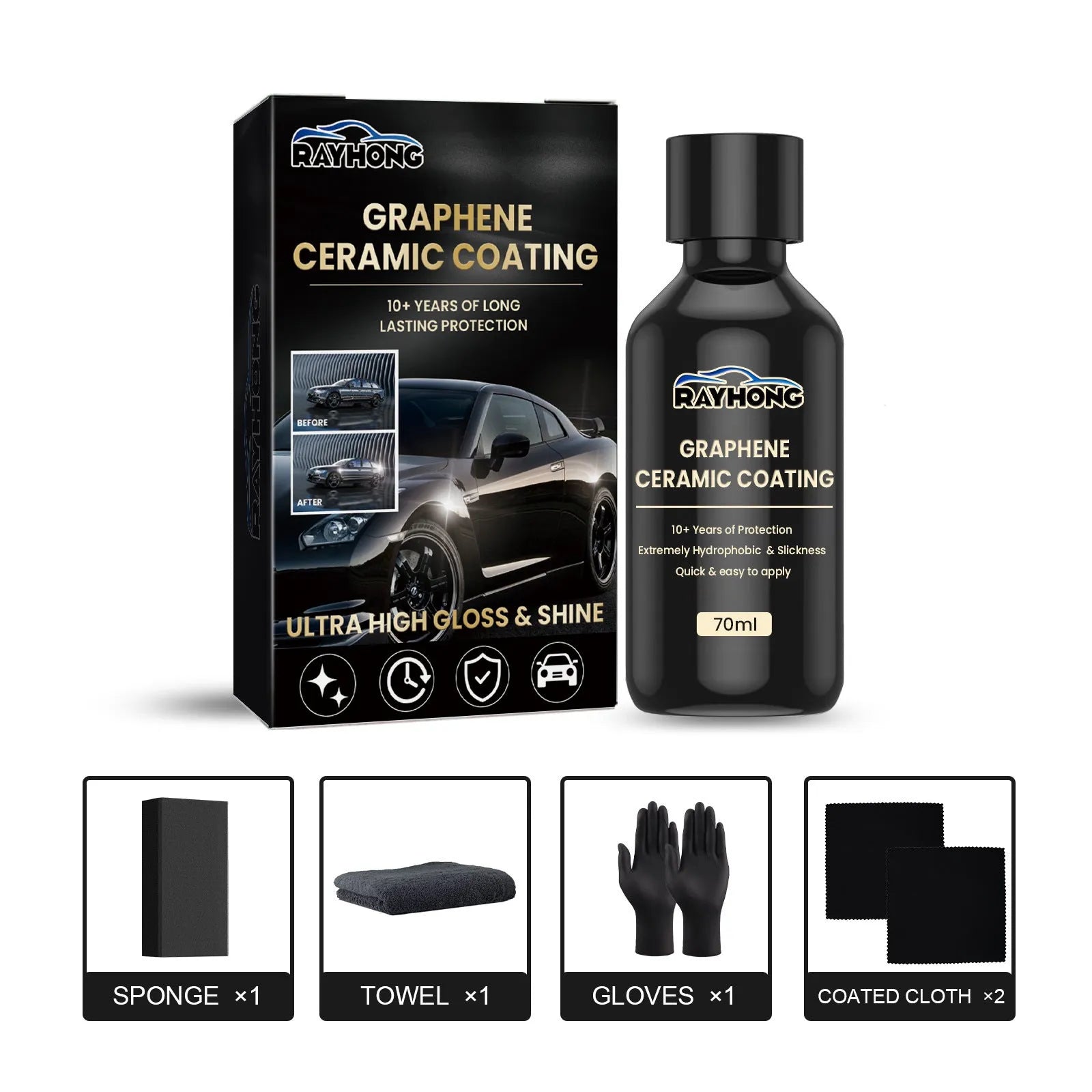 70ml bottle of automotive graphene ceramic coating with sponge, towel, gloves, and cloths laid out.