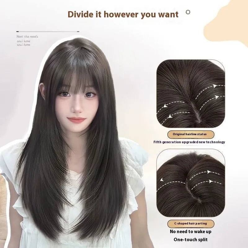 Full-head long straight layered wig in synthetic fibre with wear-free hair net