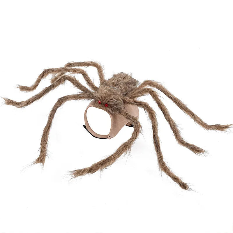 Grey big spider Halloween costume on a dog, showing the four-legged design.