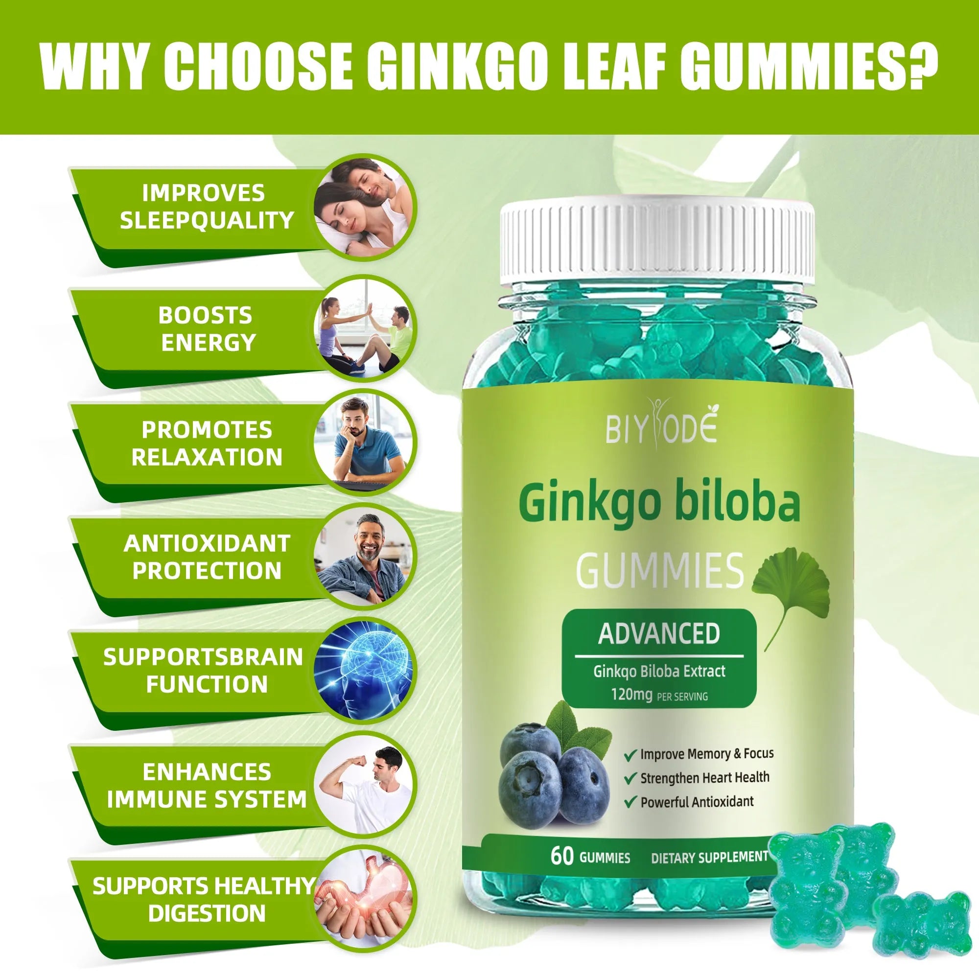 Ginkgo biloba gummies bottle with 60 gummies for memory and focus support herbal supplement