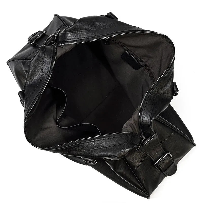 Retro genuine leather men's travel bag in black with large capacity, 50cm x 18cm x 28cm