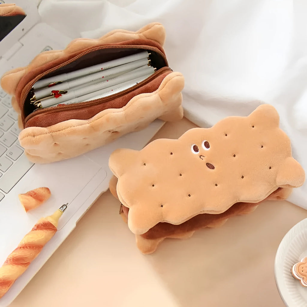 Sandwich biscuit plush pencil bag in cartoon style for pen storage