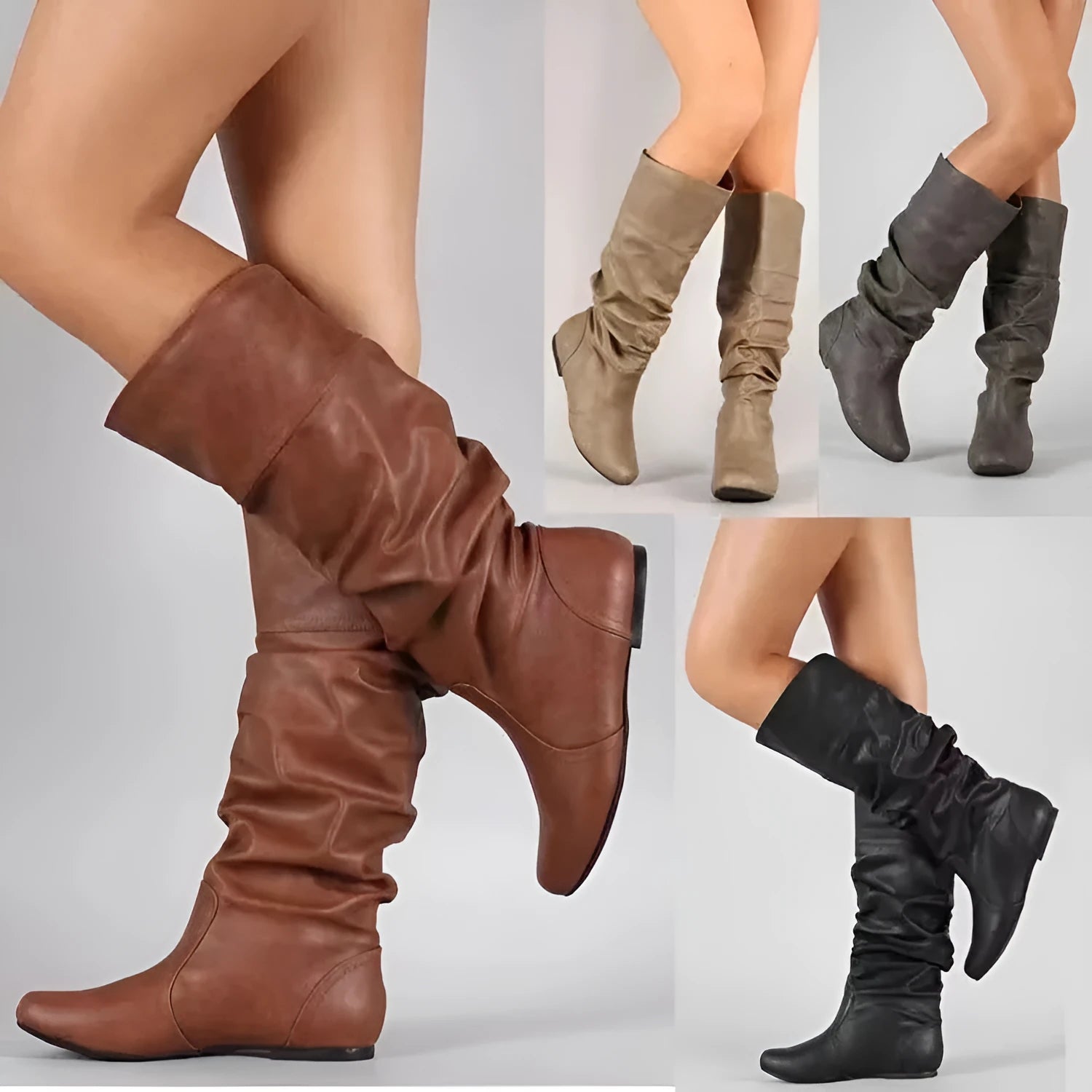 Women's black flat slip-on ankle boots with round toe and high cylinder shaft