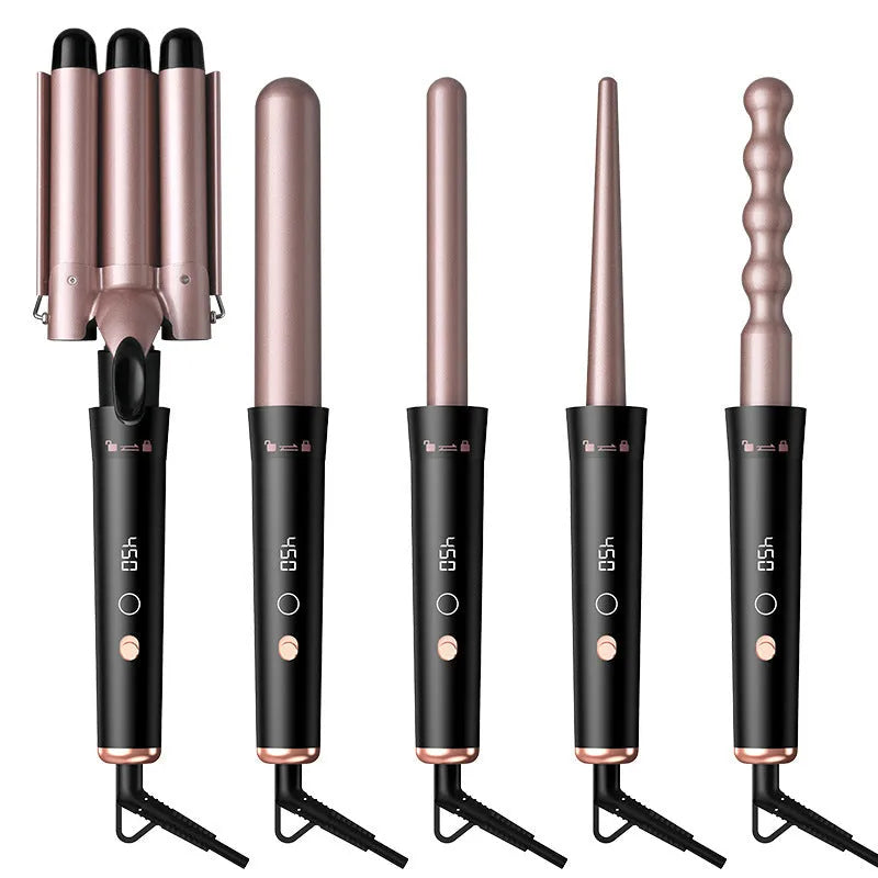 Rose gold five-in-one tube replacement hair curler with LCD display and multiple international plug compatibility