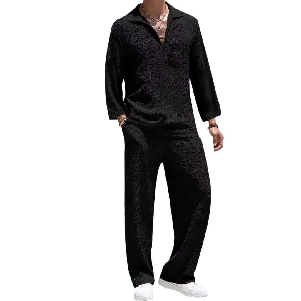 Men's casual shirt and trousers suit set in lake blue, khaki, black, or caramel colour.