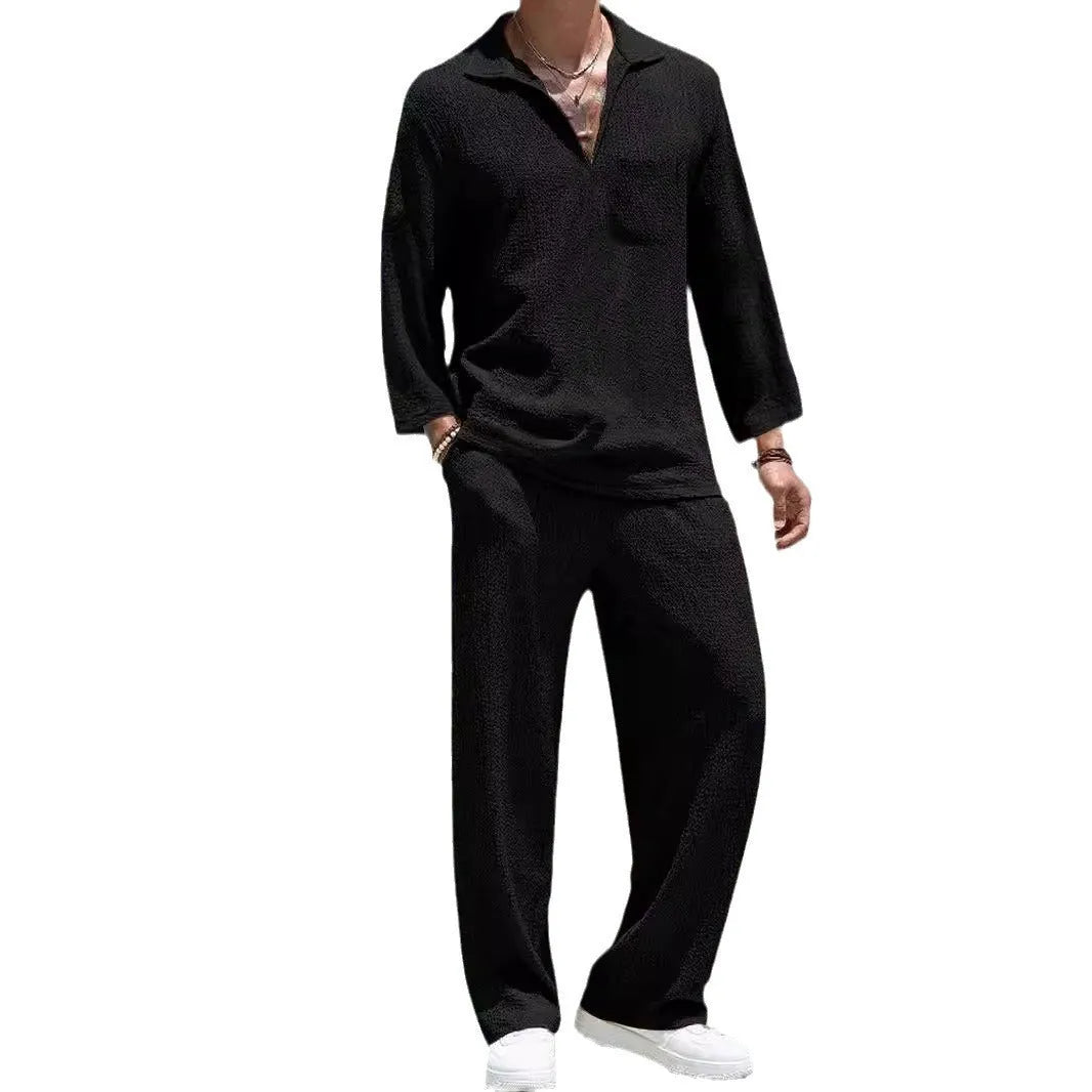 Men's casual shirt and trousers suit set in lake blue, khaki, black, or caramel colour.