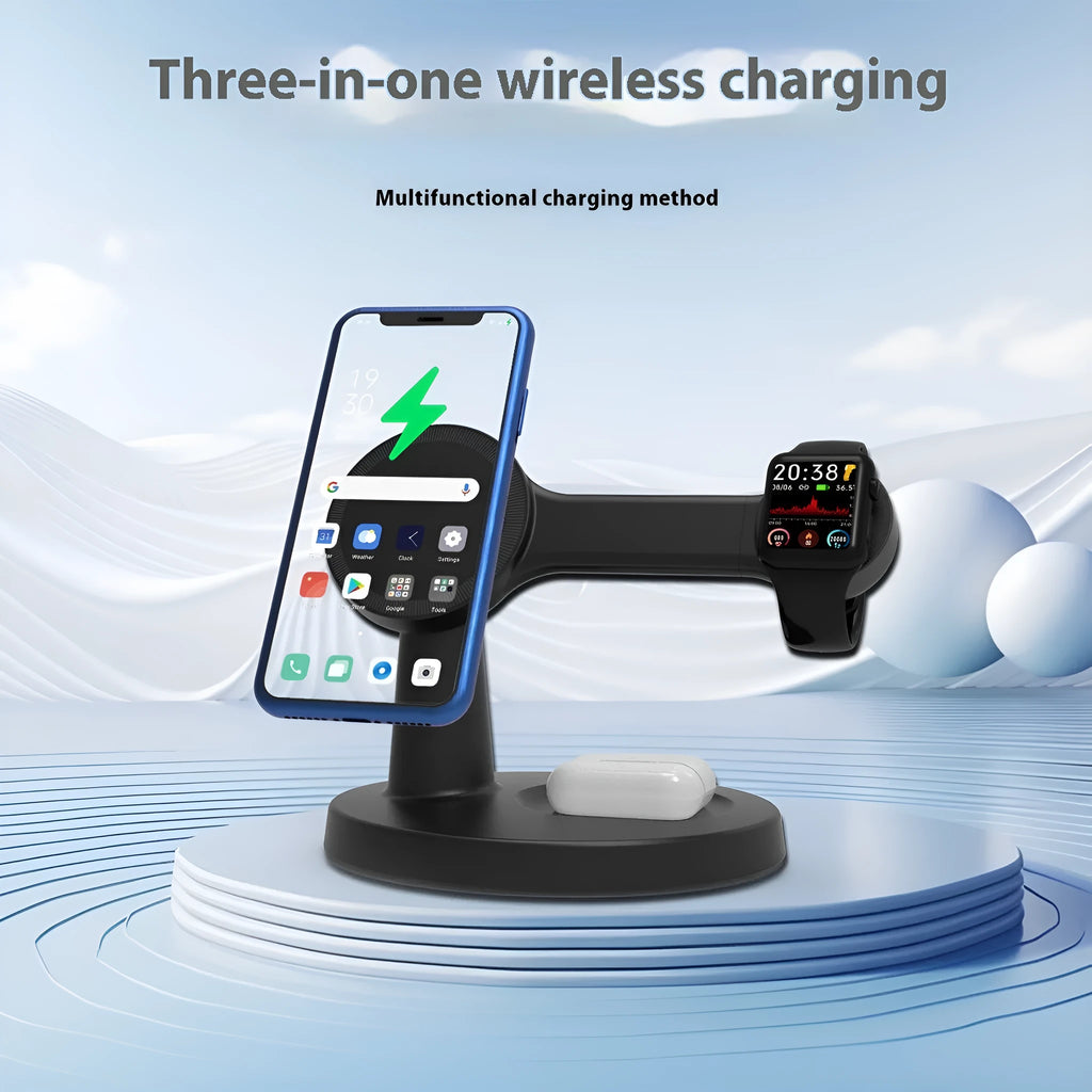 Magnetic wireless charger 15W desktop bracket for phone, headset, and watch in black or white