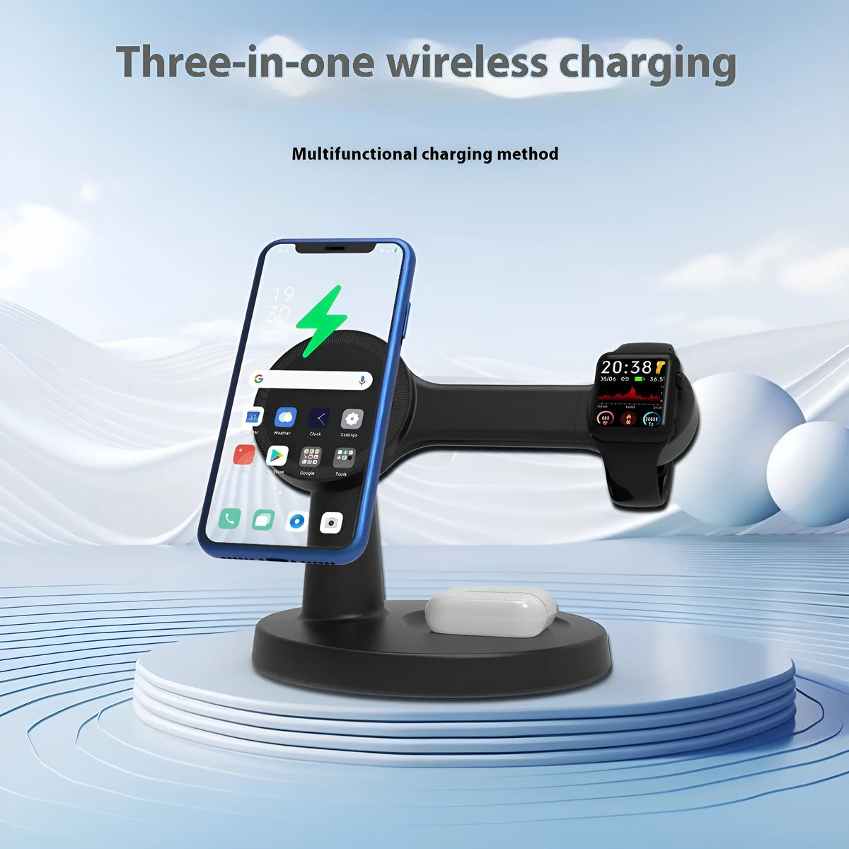 Magnetic wireless charger 15W desktop bracket for phone, headset, and watch in black or white