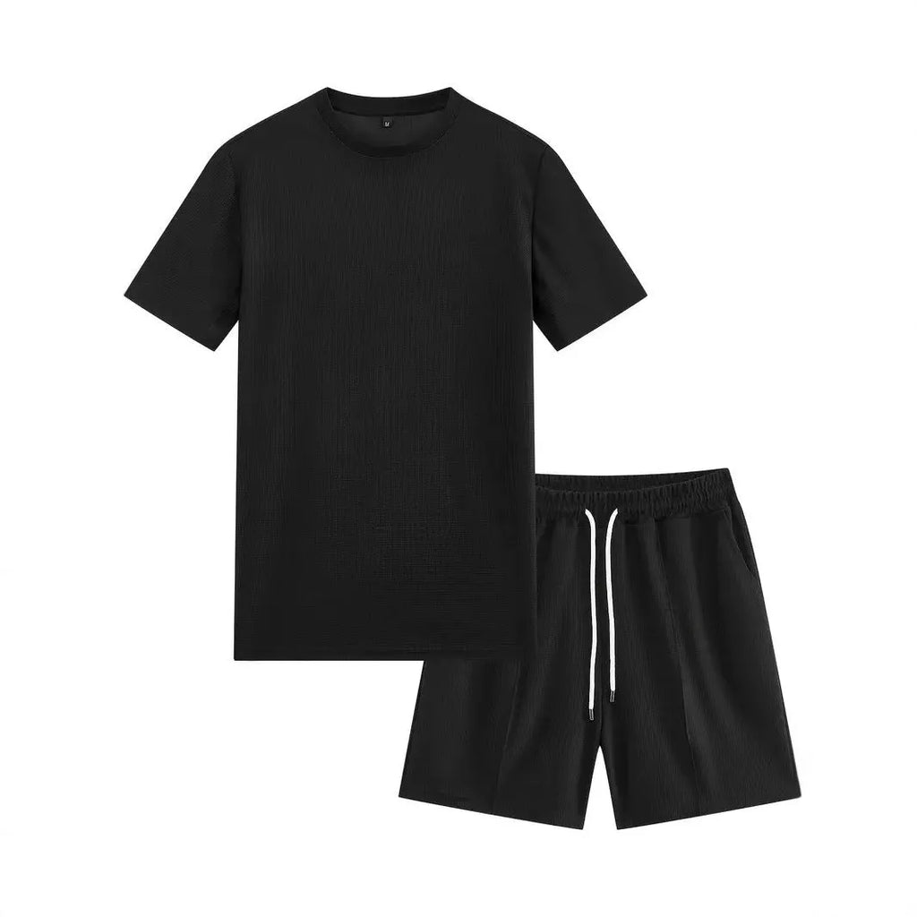 Men's waffle texture short sleeve blouse and pants summer set in polyester fibre