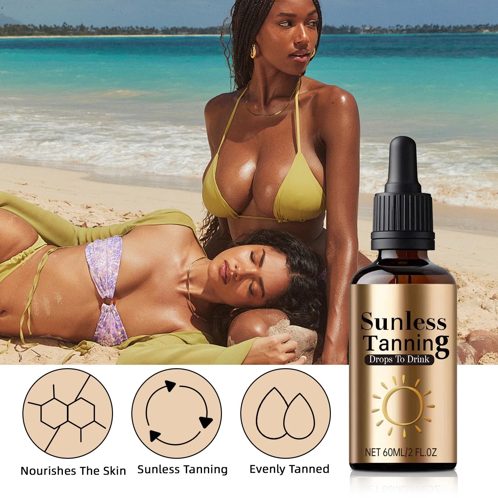 A black bottle containing 60ml of unisex oral drops for universal skincare.