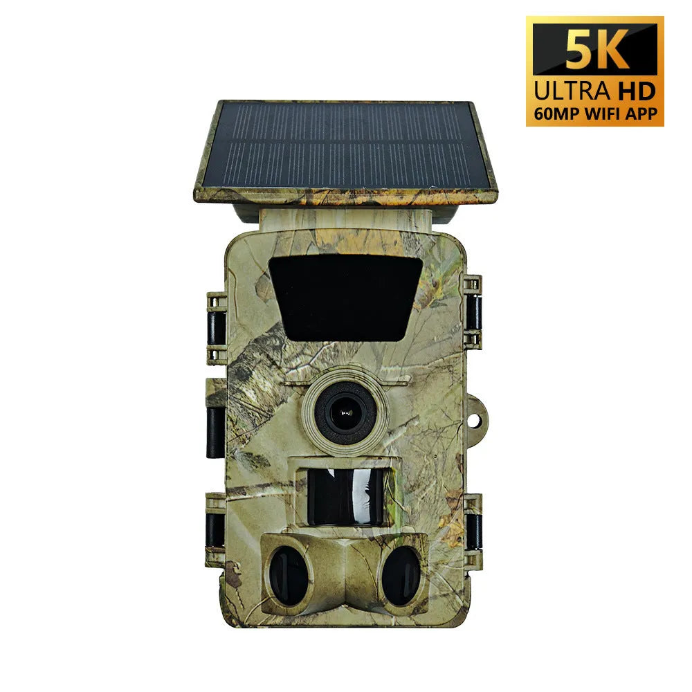 WiFi solar outdoor camera with 8K/5K resolution, Type C charging, and ABS body, 100x75x190mm.