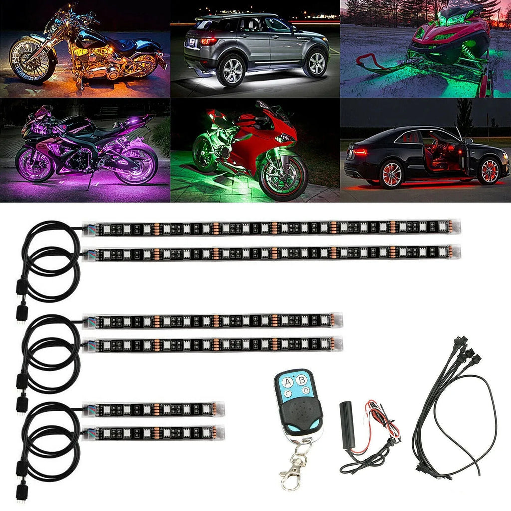 Black silicone RGB LED light bar with remote control for car and motorcycle atmosphere lighting.