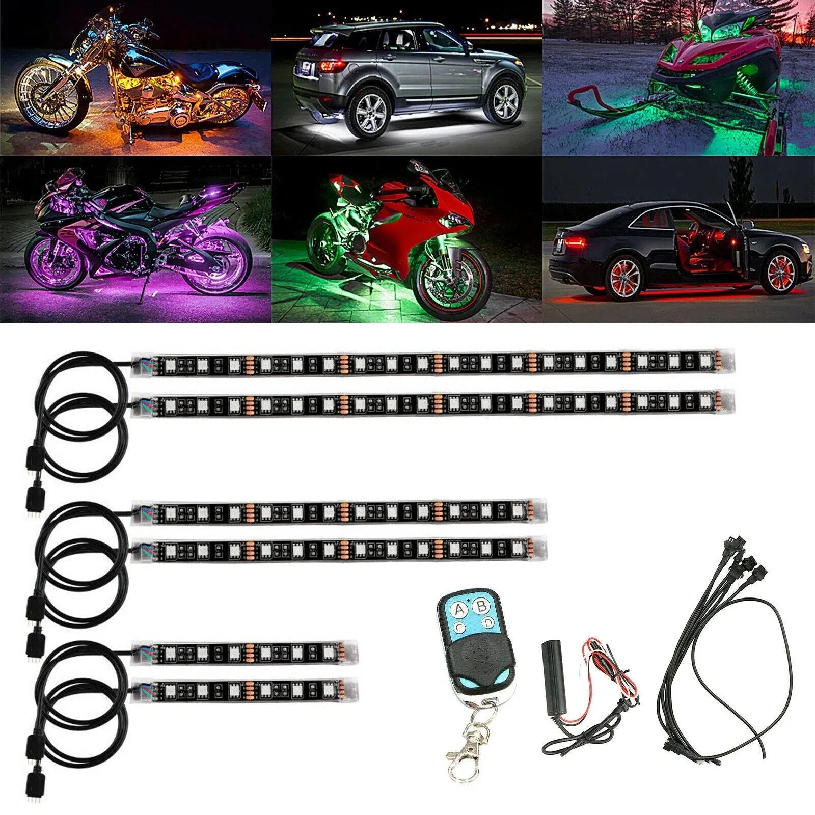 Black silicone RGB LED light bar with remote control for car and motorcycle atmosphere lighting.
