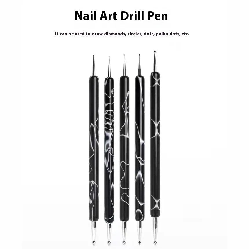 Five acrylic point line pressing pens for nail art, shown in assorted styles including black, brick red, cyan and purple HAILANG.